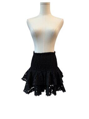 Charo Ruiz Black Smocked Eyelet Tiered Mini Skirt